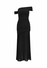 Zwarte avondjurk met één schouder, met een gerimpelde top en een doorschijnende lange rok.