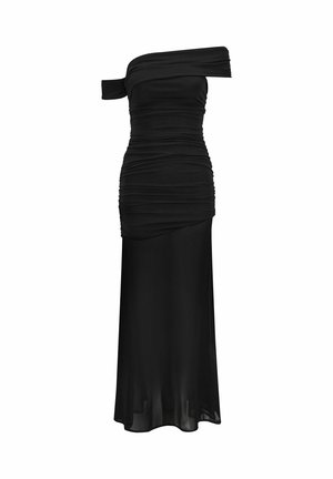 Schwarzes Abendkleid mit einem Schultetr, gerafftem Oberteil und transparentem, langem Rock.