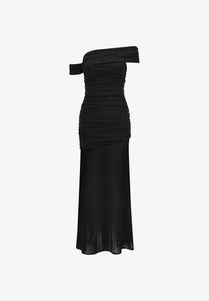 Schwarzes Abendkleid mit einem Schultetr, gerafftem Oberteil und transparentem, langem Rock.