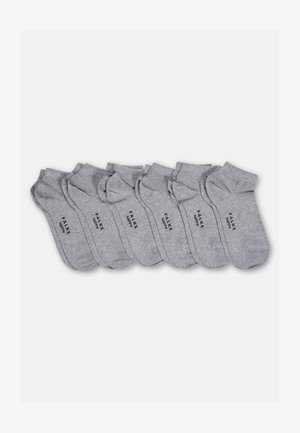 Six pairs of folded light gray ankle socks with black printed text "FALKE HAPPY" on the sole, arranged in a row on a white background.
