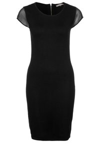 Černé upnuté šaty s krátkými průhlednými rukávy, kulatým výstřihem, délky po kolena a skrytým zipem na zadní straně. Hladká pleteninová textura.