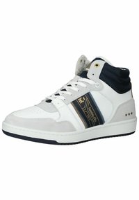 Bílé kožené vysoké tenisky s šedou semišovou úpravou, se námořnickými akcenty a zlatými detaily, s texturovanou podrážkou a logem.