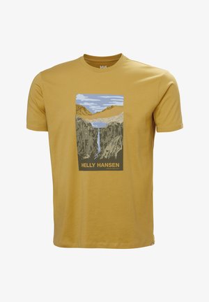 Mosterdgele katoenen t-shirt met een afbeelding van een waterval en bergen, met de tekst "HELLO HANSEN" onderaan. Korte mouwen.