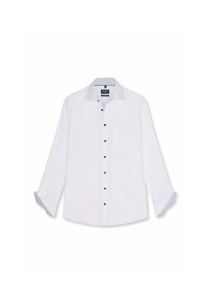 Chemise blanche à manches longues avec boutons noirs, une poche poitrine unique, col et poignets intérieurs à motifs, manches partiellement retroussées.