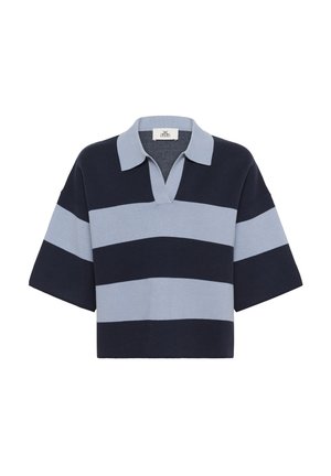 Maglione a righe con una combinazione di colori blu navy e azzurro chiaro. Realizzato in tessuto a maglia, presenta un colletto polo e maniche corte e larghe.