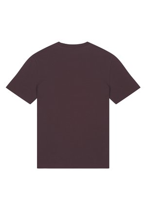 T-shirt uni marron foncé à manches courtes vu de dos avec un col rond, sur fond blanc.
