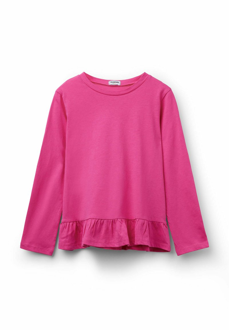 T-shirt rose à manches longues en coton doux, avec un ourlet volanté et un col rond. Texture lisse sans motifs supplémentaires.