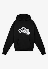Felpa nera in misto cotone, con un grande logo astratto bianco sul davanti. Include una tasca frontale e polsini a costine.