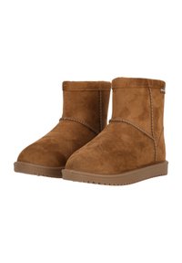 Bottes de cheville en cuir suédé marron avec un bout rond, des détails de couture minimaux et une semelle texturée pour une meilleure adhérence. Hauteur de tige courte.
