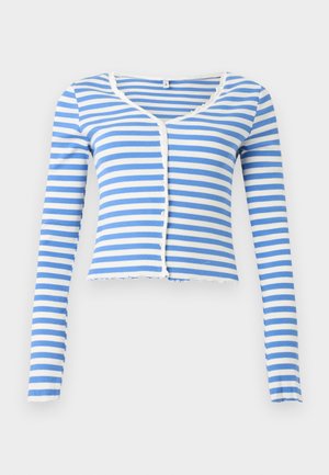 Μπλε και λευκό οριζόντιο ριγέ cropped cardigan με μακριά μανίκια, μικρά κουμπιά και ελαφρώς κυματιστό ντεκολτέ και τελείωμα.