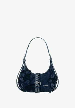 Sötétkék farmer válltáska virágos applikációkkal, ezüst csattal és "Desigual" logóval az elején, állítható pánt.