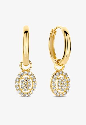 Gouden creolen met een ronde hanger versierd met meerdere kleine heldere kristallen, met een gestructureerd ontwerp en een gepolijste afwerking.