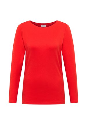 Rode langemouwen T-shirt van zachte katoen, met een ronde hals en een gladde textuur met minimale stikseldetails.