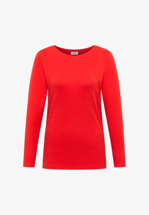 Rode langemouwen T-shirt van zachte katoen, met een ronde hals en een gladde textuur met minimale stikseldetails.