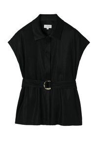 Zwart blouse met ceintuur, gemaakt van zachte stof, met een kraag, kapmouwen en een decoratieve gesp als detail.