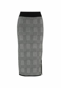 Jupe crayon à motif carreauté noir et blanc avec une texture lisse, dotée d'une taille élastique noire et d'une fente sur le côté en bas.