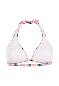 Biały trójkątny top bikini z pastelowym paskowanym wykończeniem w kolorach różowym, fioletowym i czarnym, z wiązaniem na szyi i zapięciem z tyłu.