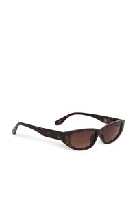 Lunettes de soleil rectangulaires à motif écaille de tortue avec des verres teintés brun foncé, conçues dans une monture élégante et courbée.