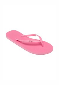 Pink rubber flip-flop with textured footbed, thin straps, and a Roxy logo. Simple design with a flat and flexible sole.