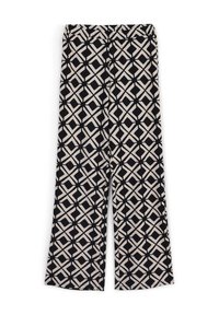 Pantalons à jambes larges avec un motif géométrique en losanges et croix noir et beige, ceinture élastique, posés à plat sur un fond blanc.