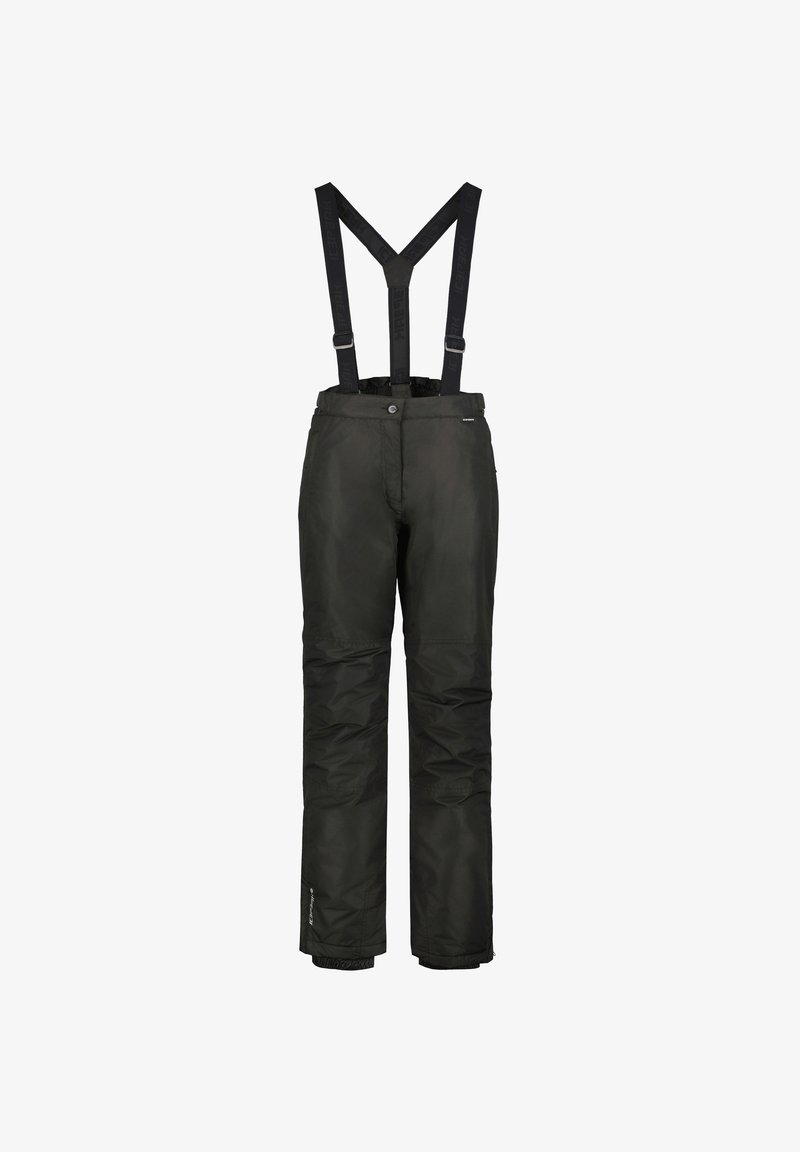 Black ski pants with adjustable suspenders, zippered pockets, and elastic cuffs. Made from durable, water-resistant material.