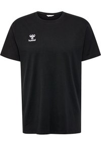 Zwarte katoenen t-shirt met een ronde hals en korte mouwen. Heeft een klein wit geborduurd logo op de linkerborst.