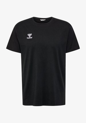 Schwarzes Baumwoll-T-Shirt mit rundem Ausschnitt und kurzen Ärmeln. Mit einem kleinen weißen gestickten Logo auf der linken Brust.