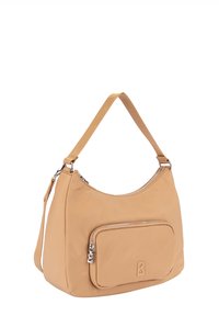 Beżowa nylonowa torebka o zaokrąglonym kształcie, z dużą główną komorą i przednią kieszenią na zamek. Posiada wytrzymały pasek i tłoczone logo.