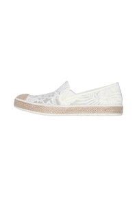 Zapato blanco tipo slip-on con un upper texturizado que presenta un patrón floral, y una suela de estilo yute tejida con una base de goma para mayor tracción.
