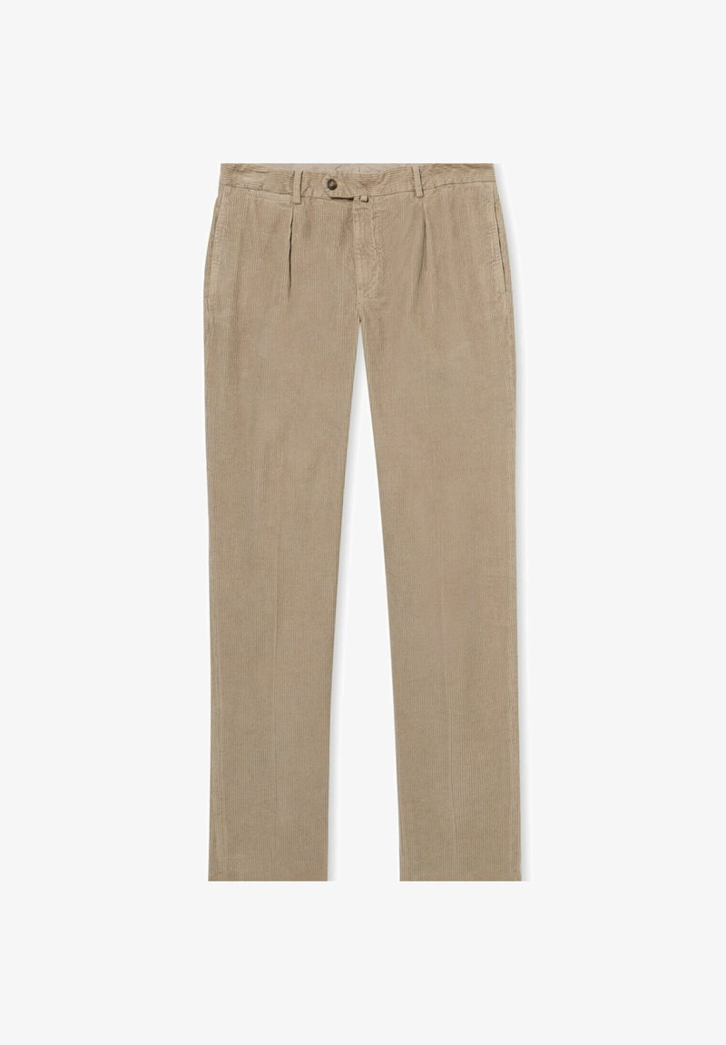 Beige Corduroyhosen mit einer strukturierten Oberfläche, mit vorderen Falten, im Standardfit-Design und einem einzelnen Knopfverschluss.