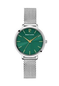 Green metallic watch with a round dial, gold hour markers, and silver mesh strap. Features a minimalist design and a textured dial.