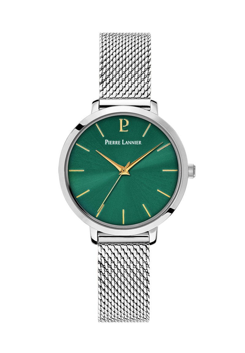 Green metallic watch with a round dial, gold hour markers, and silver mesh strap. Features a minimalist design and a textured dial.