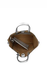 Tote bag with a silver textured leather exterior, brown suede interior, dual handles, and interior pocket with silver hardware.
