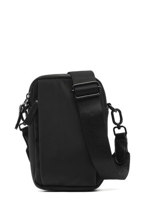 Compact black crossbody bag made of durable fabric. Features a textured surface, adjustable strap, and zippered compartments on the side.