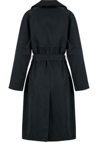 Trench-coat noir avec ceinture à nouer, manches longues et fente au dos. Confectionné en tissu lisse et résistant avec un design épuré et élégant.