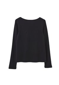 Maglietta nera a maniche lunghe con scollo rotondo, realizzata in un tessuto morbido. Presenta una vestibilità ampia con una texture liscia e senza motivi visibili.