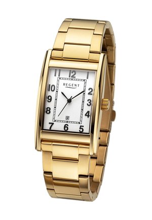 Montre rectangulaire dorée avec un cadran argenté, des index noirs et un affichage de la date à 6 heures. Bracelets en métal à maillons.