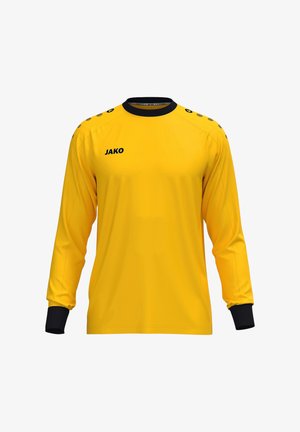 Gelbes Sporttrikot mit langen Ärmeln, schwarzem Kragen und Bündchen, schwarzen Schulterpunkten und "JAKO"-Logo auf der oberen linken Brust.