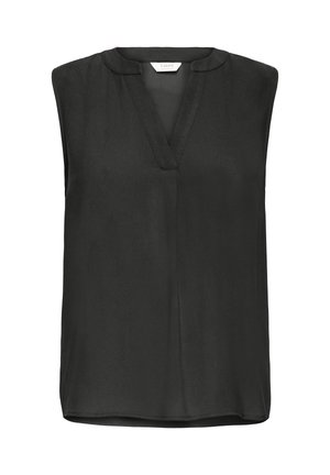 Crna bluza bez rukava s V-izrezom i zaobljenim ovratnikom, glatka tkanina i blagi proširenje na rubu.