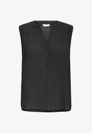 Crna bluza bez rukava s V-izrezom i zaobljenim ovratnikom, glatka tkanina i blagi proširenje na rubu.