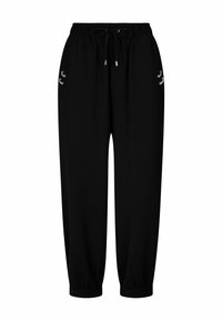 Czarne casualowe spodnie z elastycznym paskiem i sznurkiem, zwężane nogawki z mankietami oraz małymi metalowymi ozdobami przy kieszeniach.