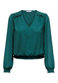 Blusa color teal con mangas largas abullonadas, escote en V, con puntos texturizados y cintura fruncida. Confeccionada en una tela ligera, con un brillo sutil.