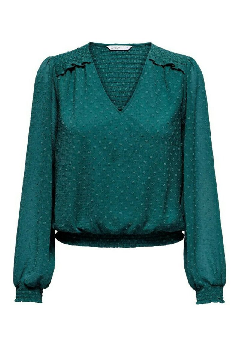 Blusa color teal con mangas largas abullonadas, escote en V, con puntos texturizados y cintura fruncida. Confeccionada en una tela ligera, con un brillo sutil.