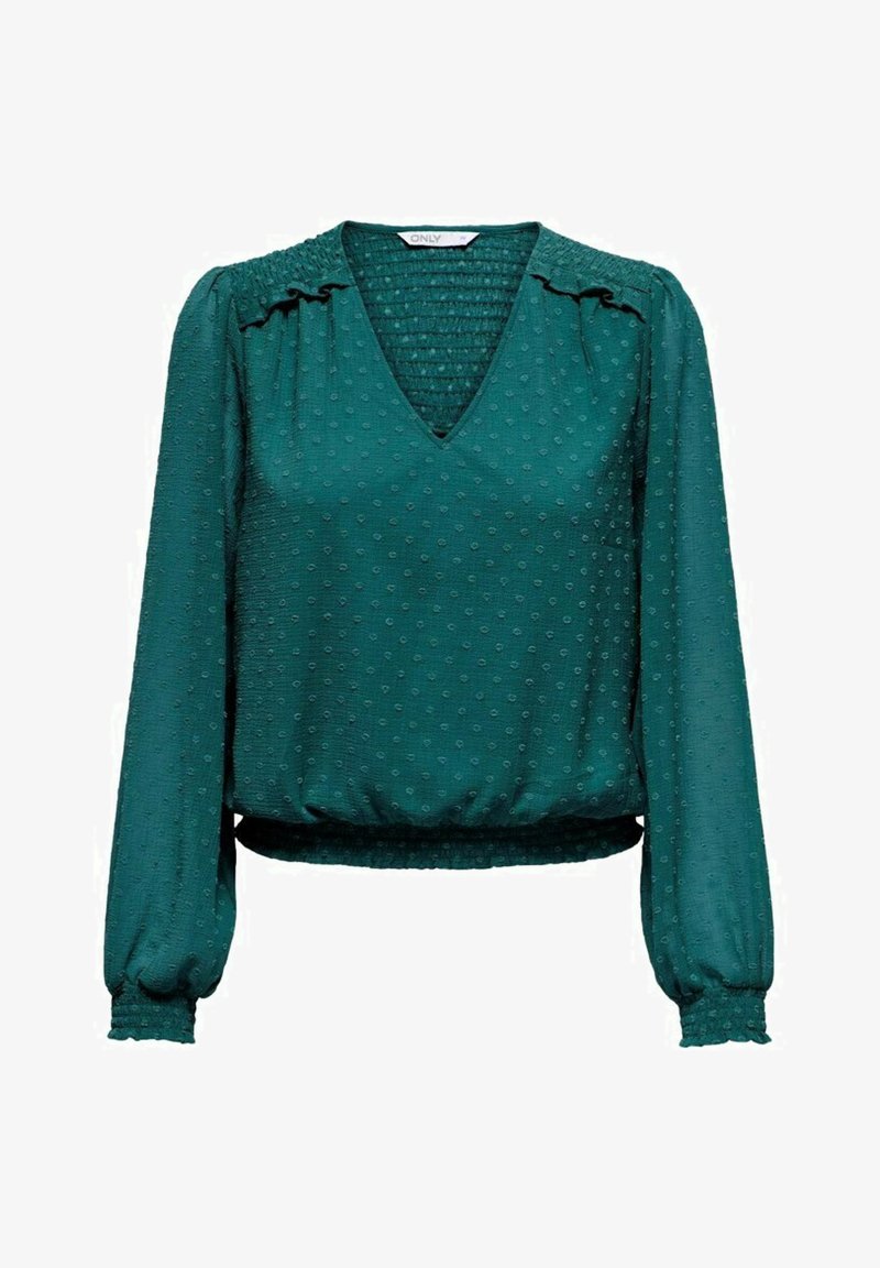 Blusa teal con maniche lunghe a internet, scollo a V, punti testurizzati e vita arricciata. Realizzata in tessuto leggero, con un leggero luccichio.