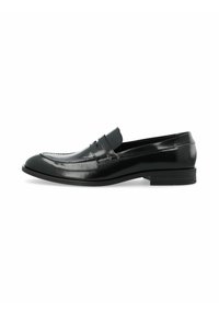 Schwarze Lederloafers mit einem eleganten, glänzenden Finish, abgerundeter Zehenform und minimalistischer Penny-Strap-Detail. Niedriger Absatz mit Gummisohle.