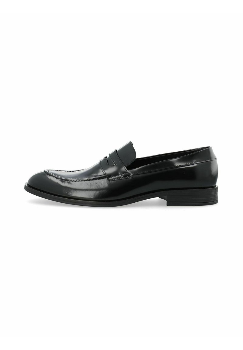 Schwarze Lederloafers mit einem eleganten, glänzenden Finish, abgerundeter Zehenform und minimalistischer Penny-Strap-Detail. Niedriger Absatz mit Gummisohle.