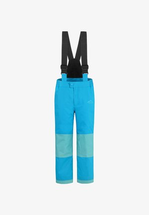 Blaue wasserdichte Schneehosen für Kinder mit verstellbaren schwarzen Trägern und verstärkten Knien sowie Knöchelbereichen.