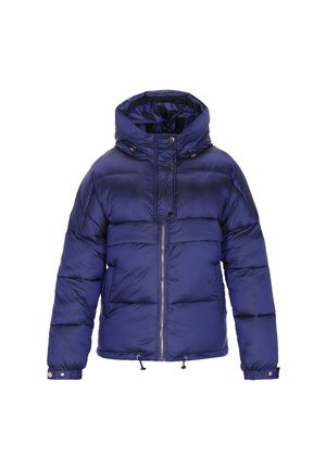 Marineblaue Steppjacke mit Kapuze, Reißverschluss, Druckknöpfen und elastischen Kordelzügen am Saum und an den Bündchen. Glatte, gesteppte Textur.