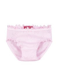 Pink cotton underwear with a ruffled waistband, floral patterns, and a small bow accent at the front. Smooth texture and comfortable fit.