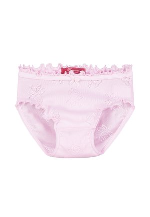 Pink cotton underwear with a ruffled waistband, floral patterns, and a small bow accent at the front. Smooth texture and comfortable fit.